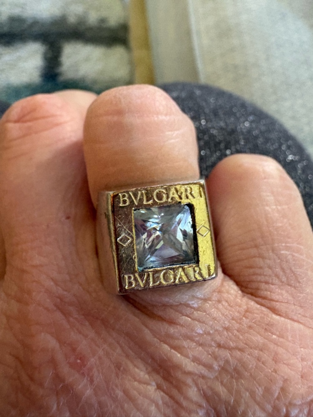 BVLGARI Square Gem Statement Ring in Silver with Blue Center
